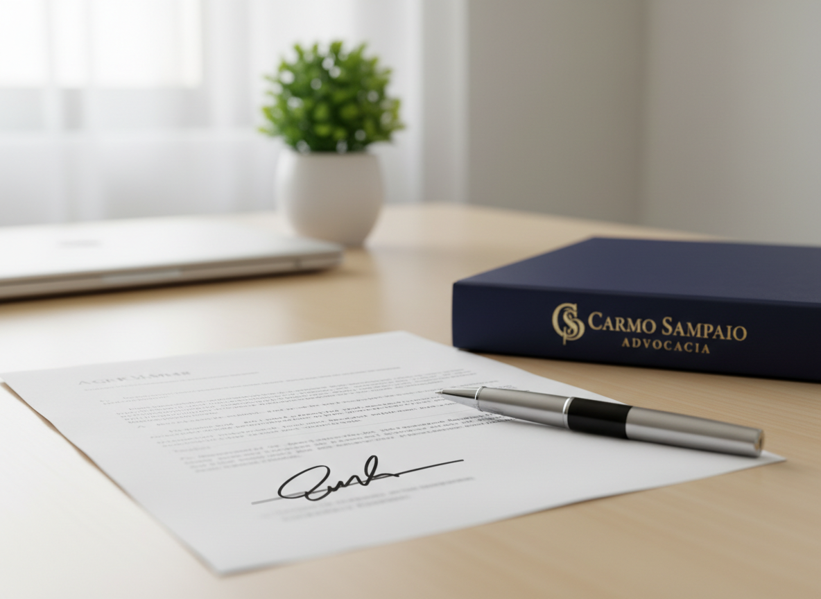 A detailed close-up of a signed legal agreement resting on a smooth, light-wood desk, the black ink signature crisp and confident at the bottom of the page. Next to it lies a high-quality, silver-and-black ballpoint pen and a navy-blue folder subtly embossed with the “Carmo Sampaio Advocacia” logo. In the softly blurred background, a small, tasteful plant in a white ceramic pot and a closed laptop suggest a modern, client-focused office. Natural daylight from a side window provides gentle, even illumination, bringing out the texture of the paper and the metallic sheen of the pen. Photographed from a low, oblique angle with shallow depth of field, the image feels optimistic, resolved, and professional, symbolizing successful outcomes and clear legal solutions.