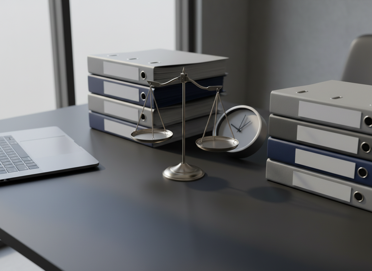 A close-up, photographic view of a meticulously organized lawyer’s desktop featuring a brushed-metal scale of justice as the central element, perfectly balanced atop a matte black desk. Surrounding it are neatly stacked case files in muted tones of gray and navy, a minimalist desk clock, and a sleek laptop partially closed. Cool, diffused daylight from a large window off-frame creates soft reflections on the metal scale and subtle shadows between the folders. Captured from a slightly elevated angle using the rule of thirds, the composition highlights precision, balance, and dedication. The mood is calm, focused, and highly professional, with clean lines and a contemporary, corporate aesthetic reflecting a firm committed to excellence and client-focused advocacy.