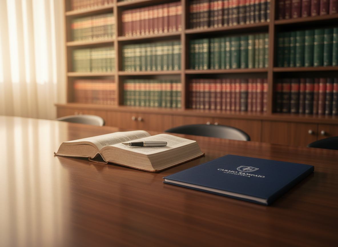 A polished dark-wood law office conference table neatly arranged with a single open leather-bound legal code book, a chrome fountain pen resting across its center, and a subtle embossed logo of “Carmo Sampaio Advocacia” on a navy-blue folder. In the background, built-in bookshelves filled with neatly organized legal volumes recede into a gentle blur. Soft afternoon natural light filters through unseen windows, creating refined highlights on the table’s glossy surface and delicate shadows under the objects. Photographed at eye level with a shallow depth of field, the atmosphere feels professional, orderly, and trustworthy, emphasizing photographic realism and a clean, modern aesthetic suitable for a serious legal practice homepage hero image.