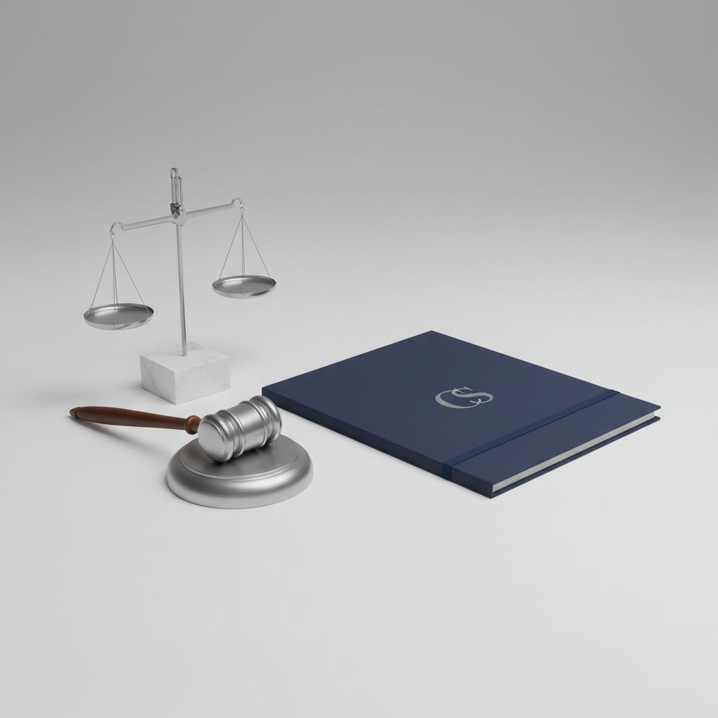 A minimalist, photographic composition of a balanced set of law-related objects on a matte white surface: a refined metallic gavel resting beside a small, geometric marble base holding a stylized scale of justice, and a closed, navy-blue case file stamped with an elegant monogram of “CS.” Soft, diffused studio lighting from above creates clean, shadowed contours and subtle reflections on the metal, emphasizing form and precision. The background fades into a seamless, light-gray gradient, enhancing focus on the objects. Shot from a slightly elevated angle with generous negative space, the mood is calm, methodical, and contemporary. This clean, modern aesthetic communicates professionalism, clarity, and dedication to client-centered advocacy without visual clutter, ideal for section dividers or service overviews.