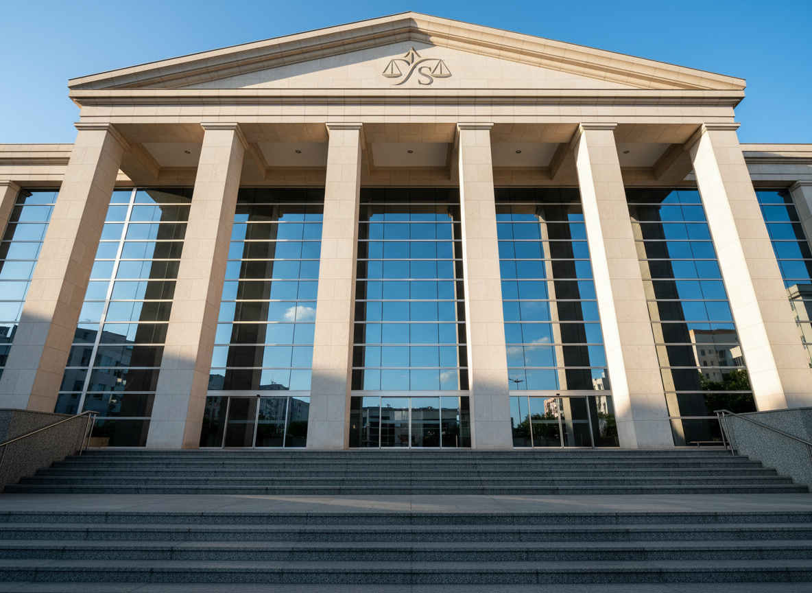 An imposing, modern courthouse façade captured in photographic realism, featuring smooth light-stone columns, broad granite steps, and a large glass entrance reflecting a clear blue sky. Prominently displayed above the entrance is a contemporary emblem of justice, subtly echoing the branding of “Carmo Sampaio Advocacia.” The early morning sun casts long, precise shadows across the steps and sharp highlights along the column edges, conveying clarity and transparency. Framed from a slightly low angle to emphasize stability and authority, the composition keeps the building centered with strong vertical lines. The mood is confident, orderly, and reassuring, communicating the seriousness of legal proceedings and the firm’s readiness to represent clients with professionalism and resolve.