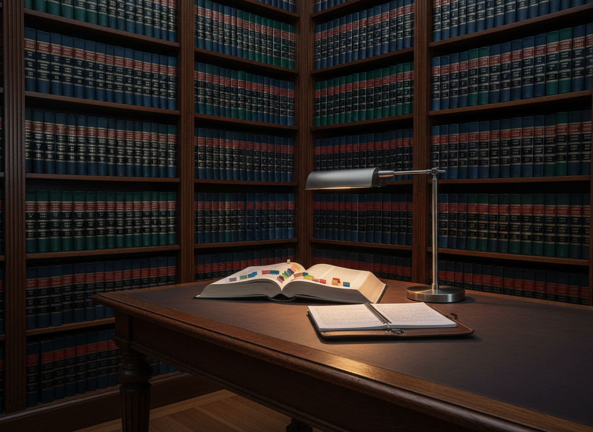 A dignified law library corner with tall, dark-wood shelves filled with systematically arranged legal treatises in shades of burgundy, navy, and forest green, each spine embossed with gold titles. In the foreground, a solid oak reading table holds an open book marked with color-coded tabs, a notepad filled with neatly written annotations, and a slim, stainless steel desk lamp. Warm, focused lamp light pools onto the open pages, contrasting with softer ambient room lighting, casting gentle, elongated shadows. Shot from a three-quarter angle with sharp focus throughout, the scene conveys intense study, preparation, and dedication. The photographic realism and understated color palette create a serious yet inviting atmosphere, ideal for illustrating thorough legal research and commitment to client cases.