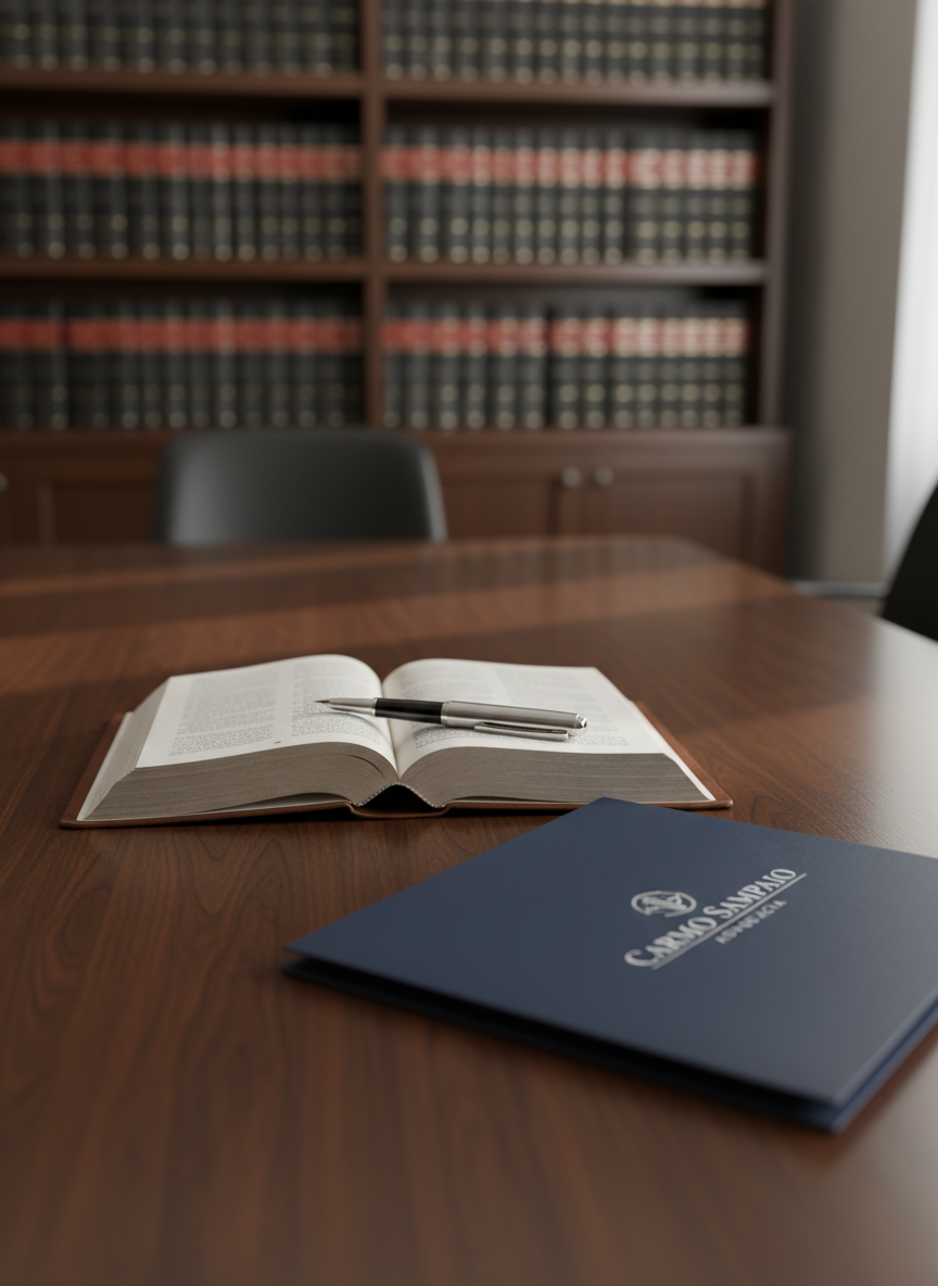 A polished dark-wood law office conference table neatly arranged with a single open leather-bound legal code book, a chrome fountain pen resting across its center, and a subtle embossed logo of “Carmo Sampaio Advocacia” on a navy-blue folder. In the background, built-in bookshelves filled with neatly organized legal volumes recede into a gentle blur. Soft afternoon natural light filters through unseen windows, creating refined highlights on the table’s glossy surface and delicate shadows under the objects. Photographed at eye level with a shallow depth of field, the atmosphere feels professional, orderly, and trustworthy, emphasizing photographic realism and a clean, modern aesthetic suitable for a serious legal practice homepage hero image.